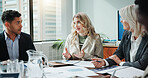 Business people, meeting and paperwork in office for discussion, finance management and brainstorming. Company team, documents and talking in agency for budget review, accounting pitch and feedback