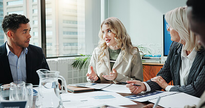 Buy stock photo Business people, meeting and paperwork in office for discussion, finance management and brainstorming. Company team, documents and talking in agency for budget review, accounting pitch and feedback