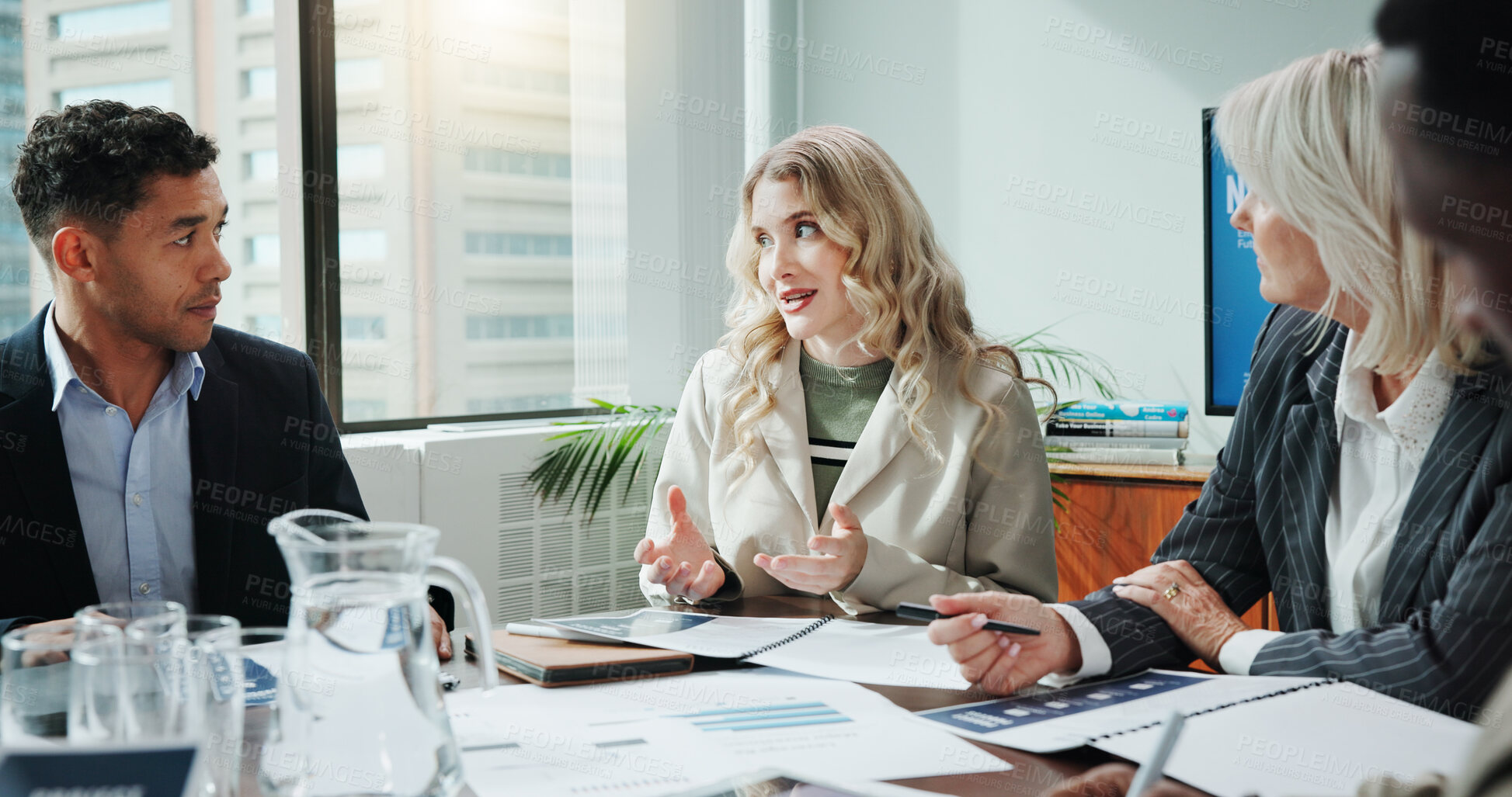 Buy stock photo Business people, meeting and paperwork in office for discussion, finance management and brainstorming. Company team, documents and talking in agency for budget review, accounting pitch and feedback