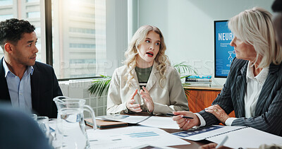 Buy stock photo Business people, meeting and documents in office for presentation, innovative technology and discussion. Neuroscience, team and explaining in workplace for project briefing for software development