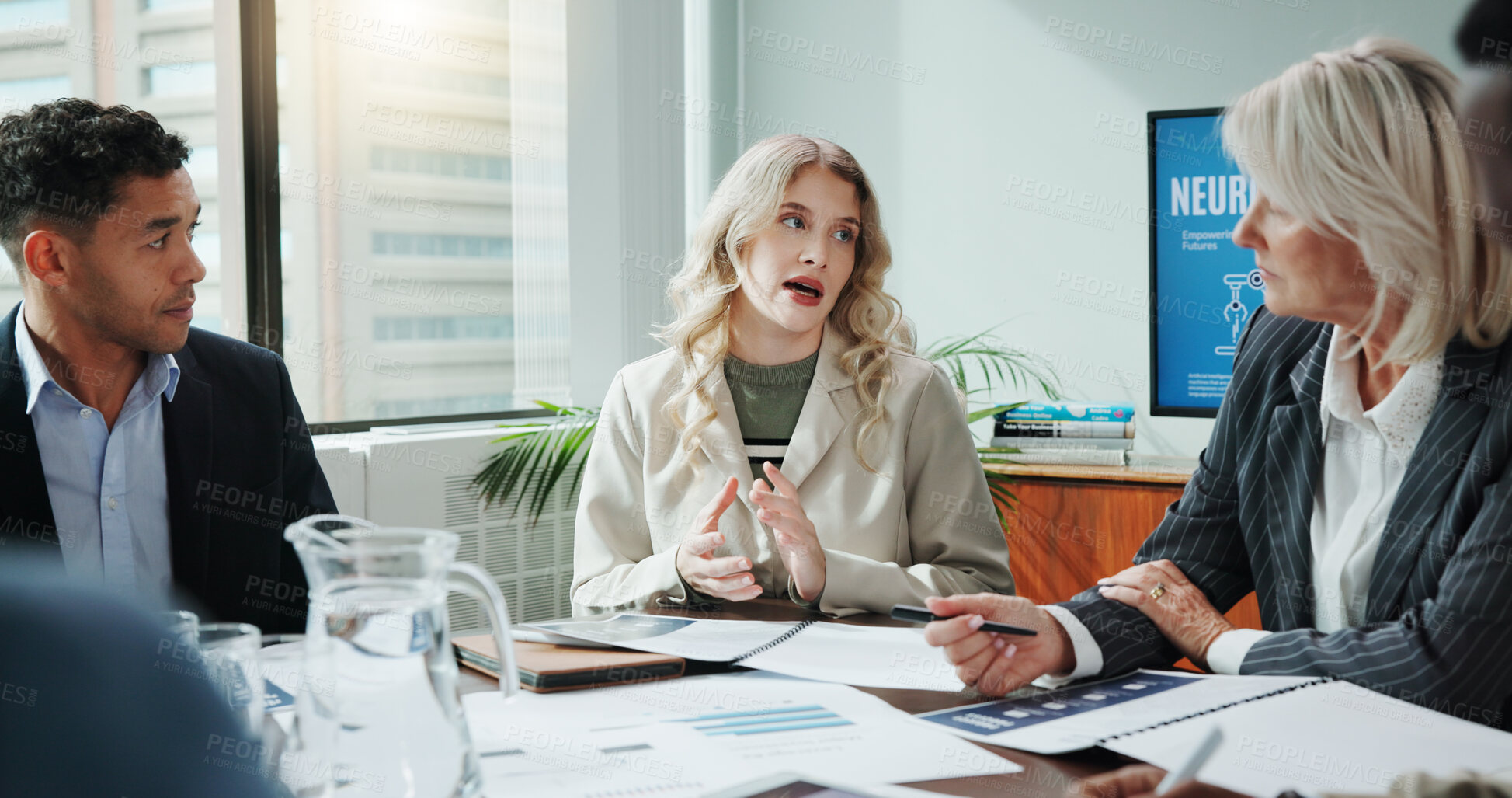 Buy stock photo Business people, meeting and documents in office for presentation, innovative technology and discussion. Neuroscience, team and explaining in workplace for project briefing for software development