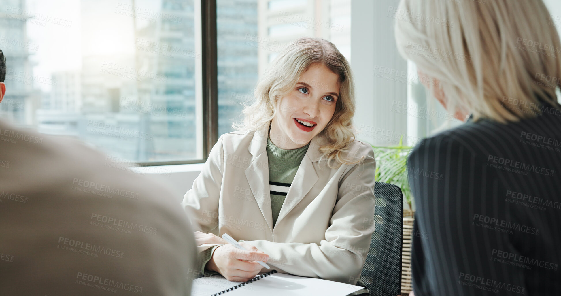 Buy stock photo Office, business people and woman with discussion in meeting, financial project or investment update. Collaboration, finance consultant and manager with document for report, feedback or proposal info