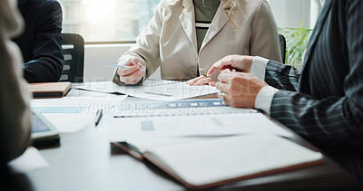 Buy stock photo Business, people and hands with paperwork in meeting for financial analysis, company revenue or feedback. Corporate, teamwork and documents closeup in office for budget brainstorming or report review