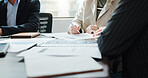 Hands, documents and business people in office with finance review with proposal. Team, meeting and group of financial planners with paperwork for investment, profit or budget report in workplace.