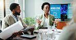 Woman, staff and explain in presentation at office for planning, neuroscience and innovation ideas. People, meeting and briefing with paperwork, brain technology and proposal report for neurofeedback