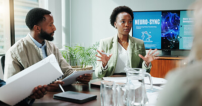 Buy stock photo Woman, staff and explain in presentation at office for planning, neuroscience and innovation ideas. People, meeting and briefing with paperwork, brain technology and proposal report for neurofeedback