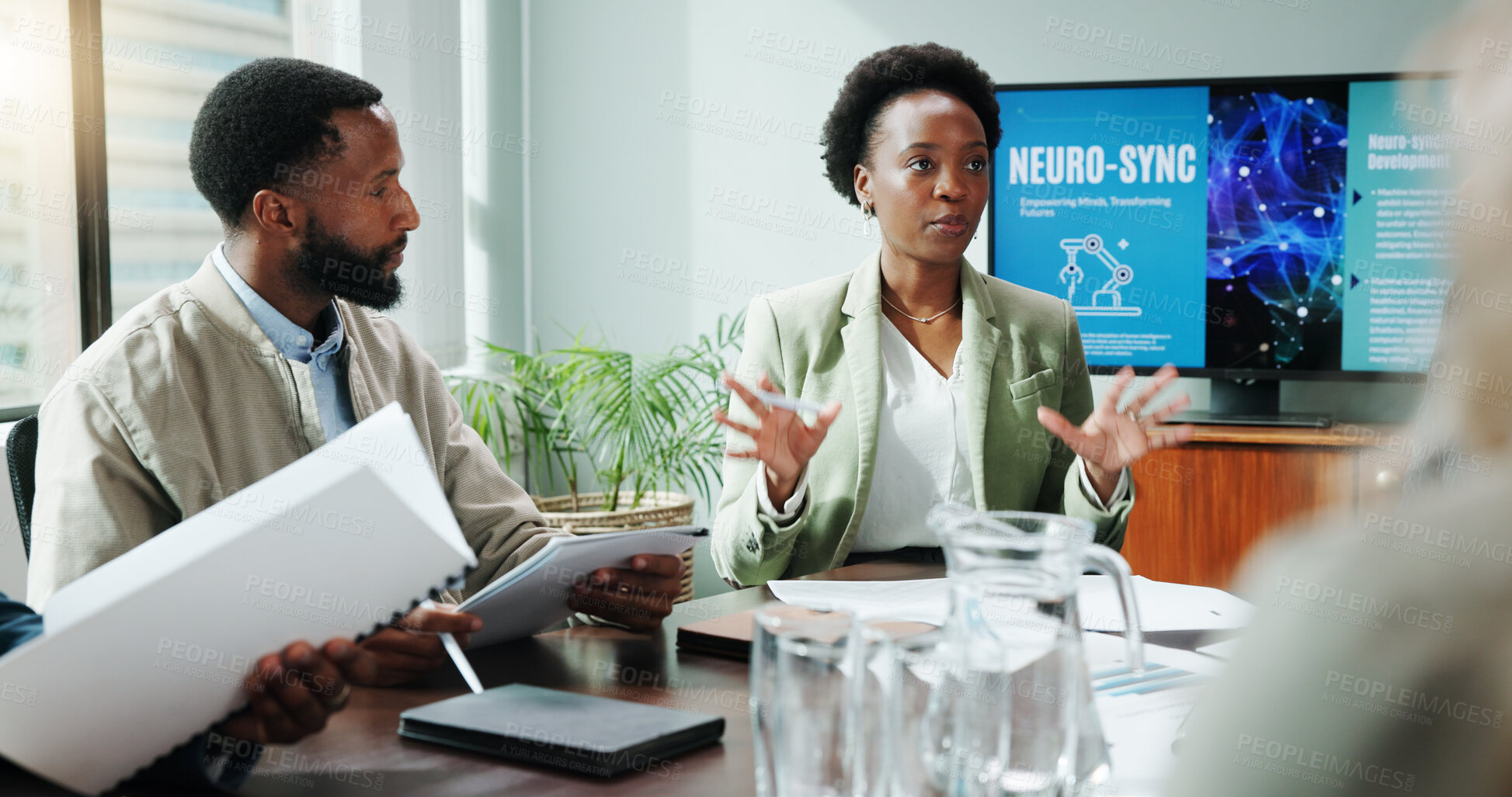 Buy stock photo Woman, staff and explain in presentation at office for planning, neuroscience and innovation ideas. People, meeting and briefing with paperwork, brain technology and proposal report for neurofeedback