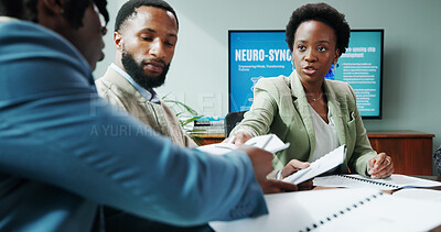 Buy stock photo Woman, people and meeting with document in office for planning, neuroscience and innovation ideas. Manager, presentation and briefing with paperwork, brain technology and proposal of neurofeedback