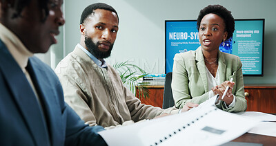 Buy stock photo People, manager and talk in meeting at office for planning, neuroscience and innovation ideas. African, staff and briefing with paperwork, brain technology and proposal report of neurofeedback update