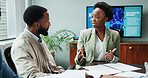 People, manager and explain in meeting at office for planning, neuroscience and innovation ideas. Staff, presentation and briefing paperwork, brain technology and proposal report with neurofeedback