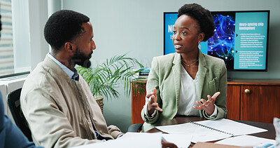 Buy stock photo People, manager and explain in meeting at office for planning, neuroscience and innovation ideas. Staff, presentation and briefing paperwork, brain technology and proposal report with neurofeedback