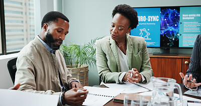 Buy stock photo Business, people and reading paperwork in office for planning, neuroscience and innovation ideas. Manager, presentation and briefing with document, brain technology and information of proposal update