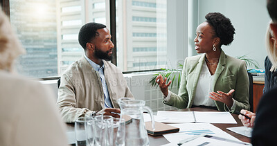 Buy stock photo Discussion, documents and business people in office for review, feedback or forecasting meeting. Teamwork, paperwork and group of financial managers with investment planning for company budget.