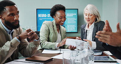 Buy stock photo Business people, smile and paperwork in office for meeting, innovative technology and discussion. Neuroscience, investor team and documents in workplace for project funding for brain chip development