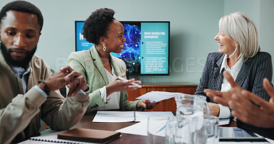 Buy stock photo Business people, happy and document in office for meeting, innovative technology and discussion. Neuroscience, investor team and explaining at screen with project funding for brain chip development