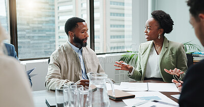 Buy stock photo Meeting, documents and business people in office for review, feedback or forecasting discussion. Teamwork, paperwork and group of financial managers with investment planning for company budget.