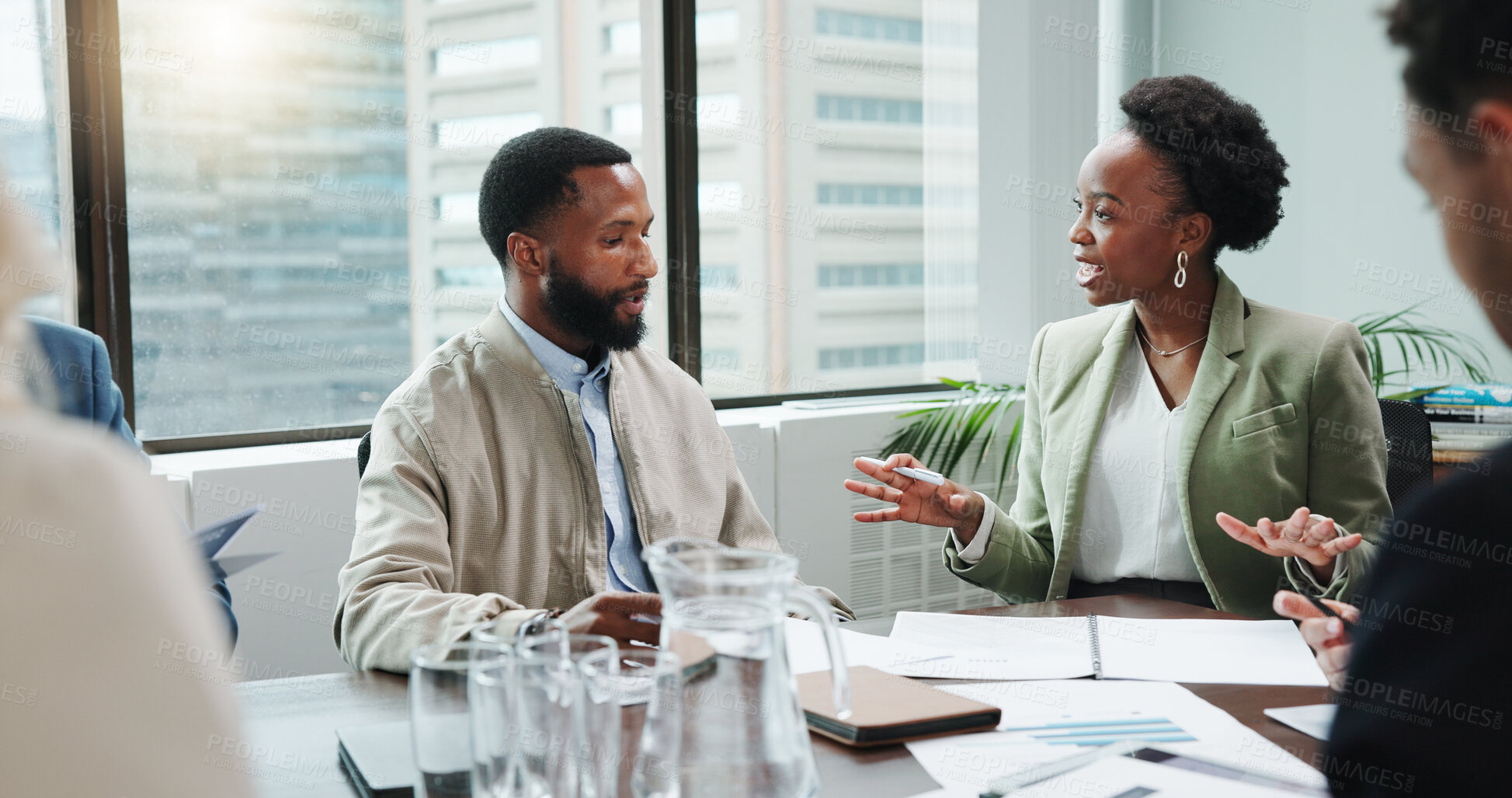 Buy stock photo Meeting, documents and business people in office for review, feedback or forecasting discussion. Teamwork, paperwork and group of financial managers with investment planning for company budget.