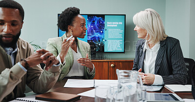 Buy stock photo Business people, meeting and screen in office for presentation, innovative technology and discussion. Neuroscience, team and explaining in workplace for project briefing for brain chip development
