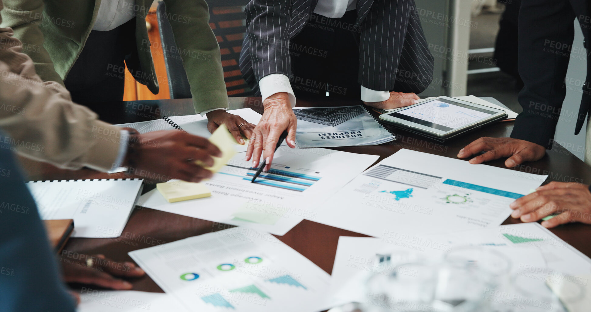 Buy stock photo Hands, documents and business people in office with statistics, data or graphs for finance. Team, meeting and group of financial planners with paperwork for investment, profit or budget report.