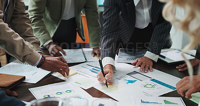 Buy stock photo Hands, paperwork and business people in office with statistics, data or graphs for finance. Team, meeting and group of financial planners with documents for investment, profit or budget report.