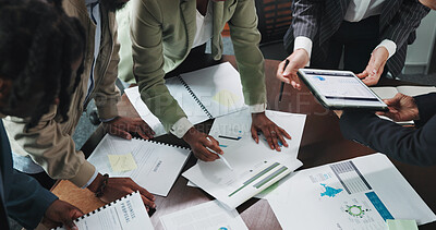 Buy stock photo Hands, documents and business people in office with data, statistics or graphs for finance. Team, meeting and group of financial planners with paperwork for investment, profit or budget report.