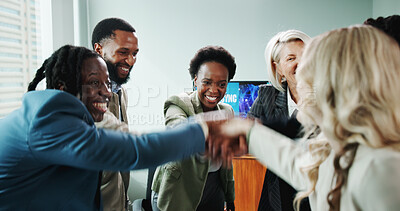 Buy stock photo Business people, hands together and meeting for support with office, workshop or employee engagement. Data analyst, huddle and motivation with celebration, training or advice for community discussion