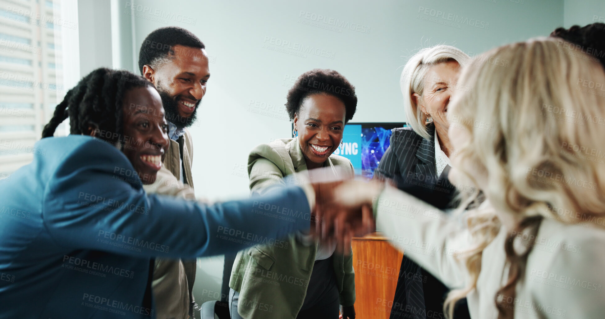 Buy stock photo Business people, hands together and meeting for support with office, workshop or employee engagement. Data analyst, huddle and motivation with celebration, training or advice for community discussion