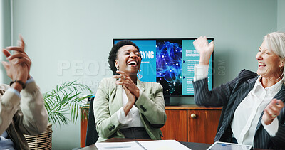 Buy stock photo Applause, colleagues and people in boardroom, laughing or happiness for success of neuromarketing. Business, group and celebration for economic behavior, clapping or congratulations for collaboration