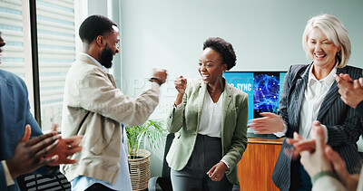 Buy stock photo Applause, colleagues and people with smile, meeting and fist bump for celebration, business and laughing. Group, clapping and happy for achievement in boardroom, good news and excited for success