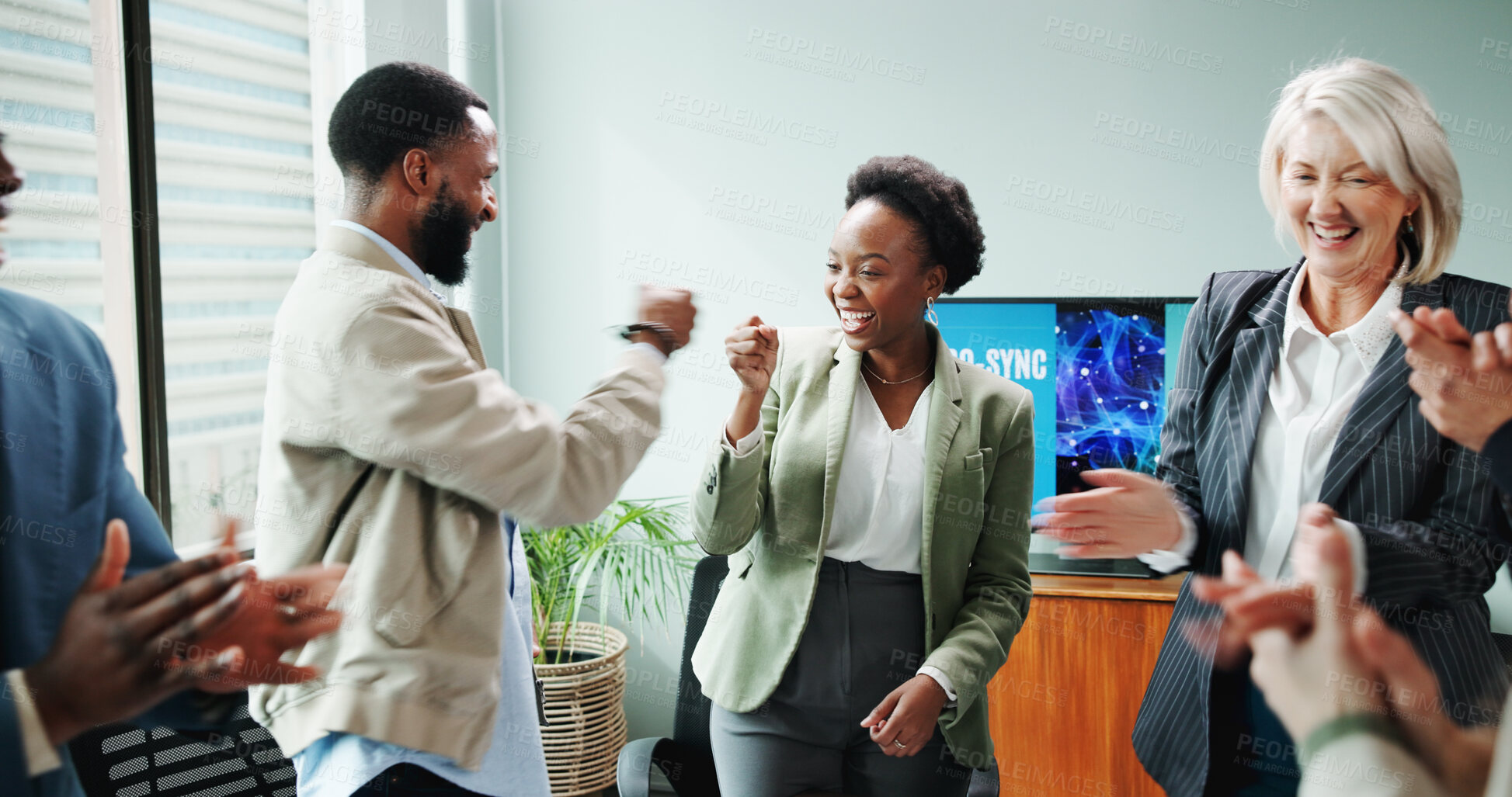 Buy stock photo Applause, colleagues and people with smile, meeting and fist bump for celebration, business and laughing. Group, clapping and happy for achievement in boardroom, good news and excited for success