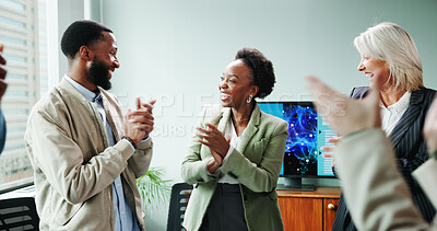 Buy stock photo Applause, colleagues and people with smile, achievement and happiness for celebration and business. Accomplishment, excited and team with success in boardroom, collaboration and good news for group