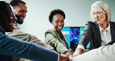 Buy stock photo Business people, hands together and fist bump for meeting with motivation, smile or employee engagement. Data analyst, huddle and proposal with celebration, project or advice for community discussion