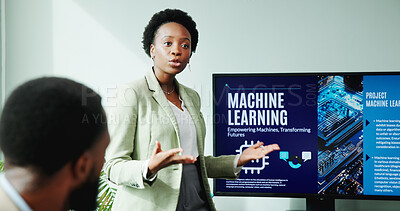 Buy stock photo Business woman, screen and machine learning presentation for new innovation, idea and ai product promotion. African speaker, office and pitch proposal to team for equity funding or tech investment