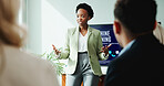 Woman, presentation and meeting for workshop with office, speech and employee engagement. Data analyst, seminar and explain with speaker, AI training and briefing for advice for machine learning