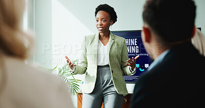 Buy stock photo Woman, presentation and meeting for workshop with office, speech and employee engagement. Data analyst, seminar and explain with speaker, AI training and briefing for advice for machine learning