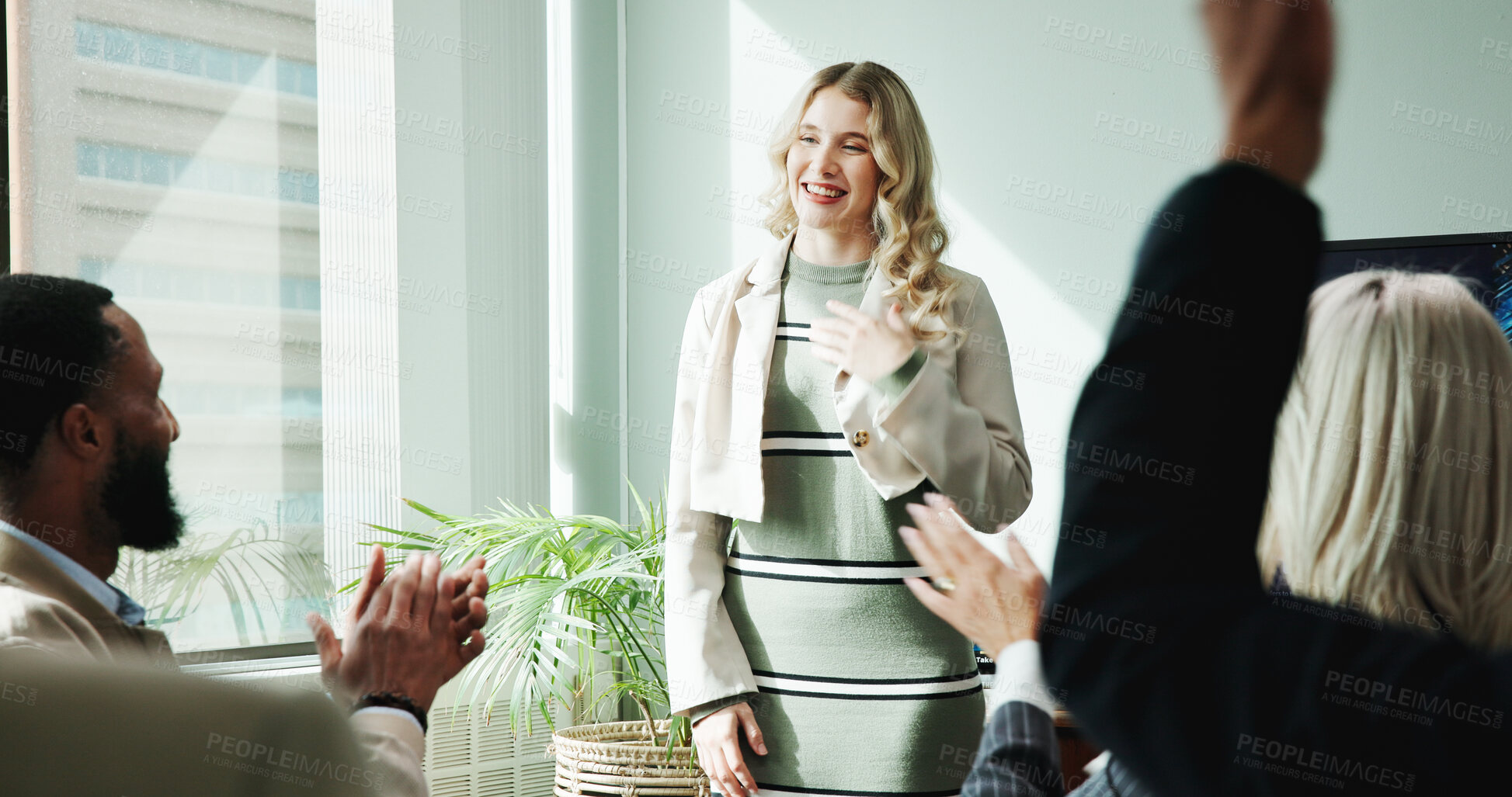 Buy stock photo Woman, presentation and meeting for workshop with office, support and employee engagement. Applause, seminar and explain with speaker, training and briefing for advice, learning and brainstorming