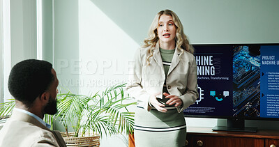 Buy stock photo Business woman, monitor and presentation in office for new innovation, idea and ai product promotion. Speaker, talk and pitch proposal to team for equity funding, machine learning and tech workshop