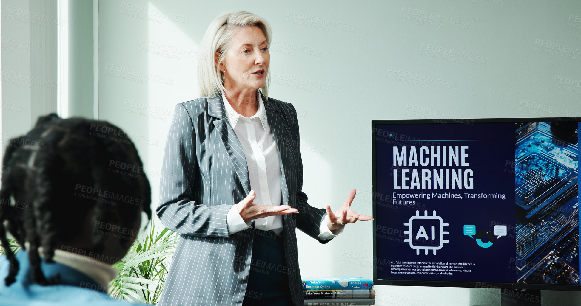 Buy stock photo Business woman, conference room and machine learning presentation on screen for innovation, idea and training. Mature speaker, office and pitch proposal to team for ai project, coaching or workshop