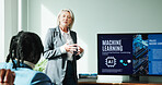 Woman, speech and screen for meeting with workshop, presentation and employee engagement. Data analyst, seminar and explain with speaker, AI training and briefing for advice for machine learning