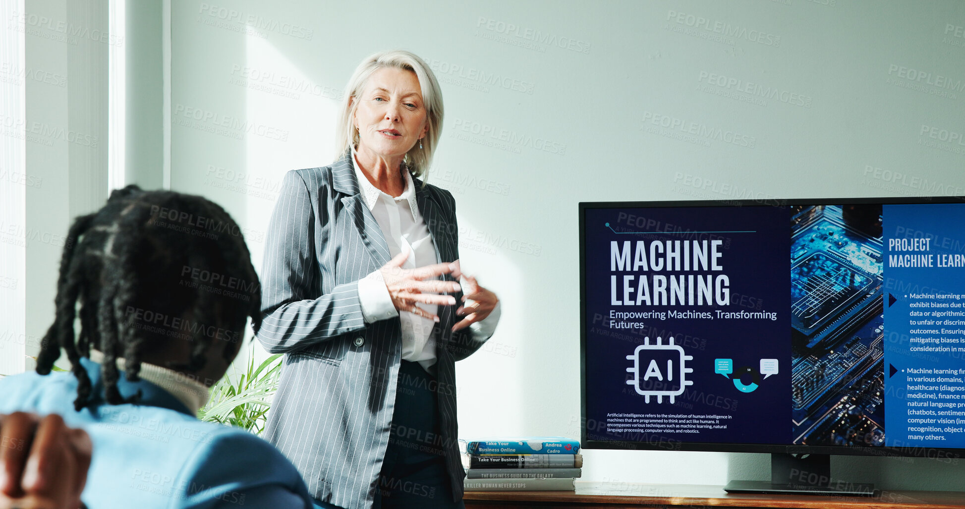 Buy stock photo Woman, speech and screen for meeting with workshop, presentation and employee engagement. Data analyst, seminar and explain with speaker, AI training and briefing for advice for machine learning