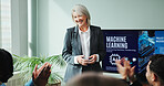 Applause, presentation and woman with smile, boardroom and training for machine learning and happy. Achievement, colleagues and people with successful meeting, clapping and excited for ai in business