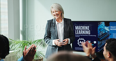 Buy stock photo Applause, presentation and woman with smile, boardroom and training for machine learning and happy. Achievement, colleagues and people with successful meeting, clapping and excited for ai in business