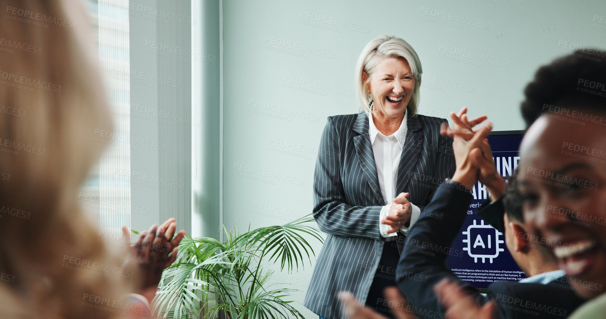 Buy stock photo Applause, laughing and woman with presentation, boardroom or training for machine learning or smile. Achievement, colleagues and people with successful meeting, clapping or excited for ai in business