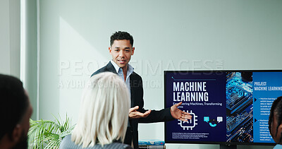 Buy stock photo Businessman, screen and ai presentation at conference for new innovation, idea and machine learning. Speaker, office and pitch proposal to team for equity funding or technology investment workshop