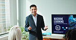 Businessman, coach and presentation with screen for machine learning, AI program or workshop. Man, employee or speaker with explanation for future technology, digital automation or communication
