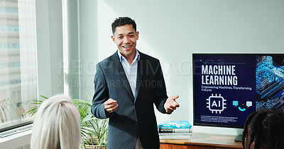 Buy stock photo Businessman, coach and presentation with screen for machine learning, AI program or workshop. Man, employee or speaker with explanation for future technology, digital automation or communication