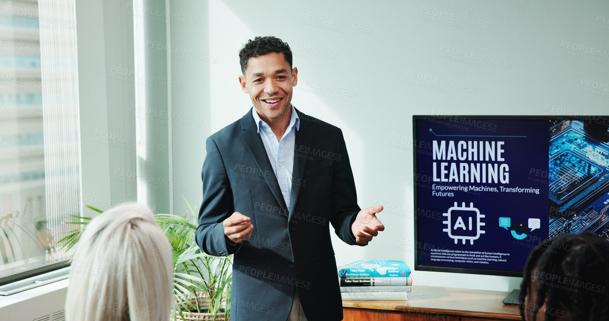 Buy stock photo Businessman, coach and presentation with screen for machine learning, AI program or workshop. Man, employee or speaker with explanation for future technology, digital automation or communication