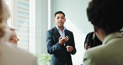 Buy stock photo Man, presentation and meeting for workshop with office, support and employee engagement. Male person, seminar and explain with speaker, training and briefing for advice, learning and brainstorming