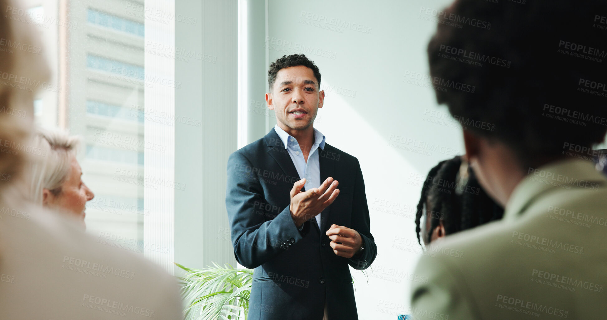 Buy stock photo Man, presentation and meeting for workshop with office, support and employee engagement. Male person, seminar and explain with speaker, training and briefing for advice, learning and brainstorming