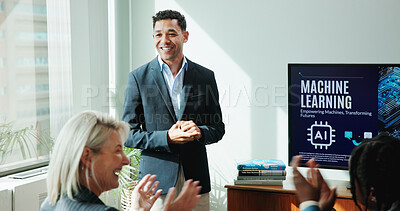 Buy stock photo Applause, colleagues and man with smile, presentation and training for machine learning and happy. Achievement, excited and people with successful meeting, clapping and celebration for ai in business